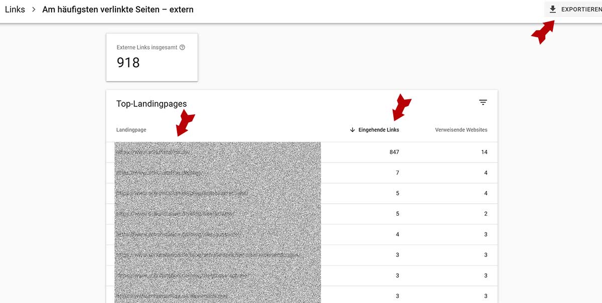 Google Search Console Linkliste