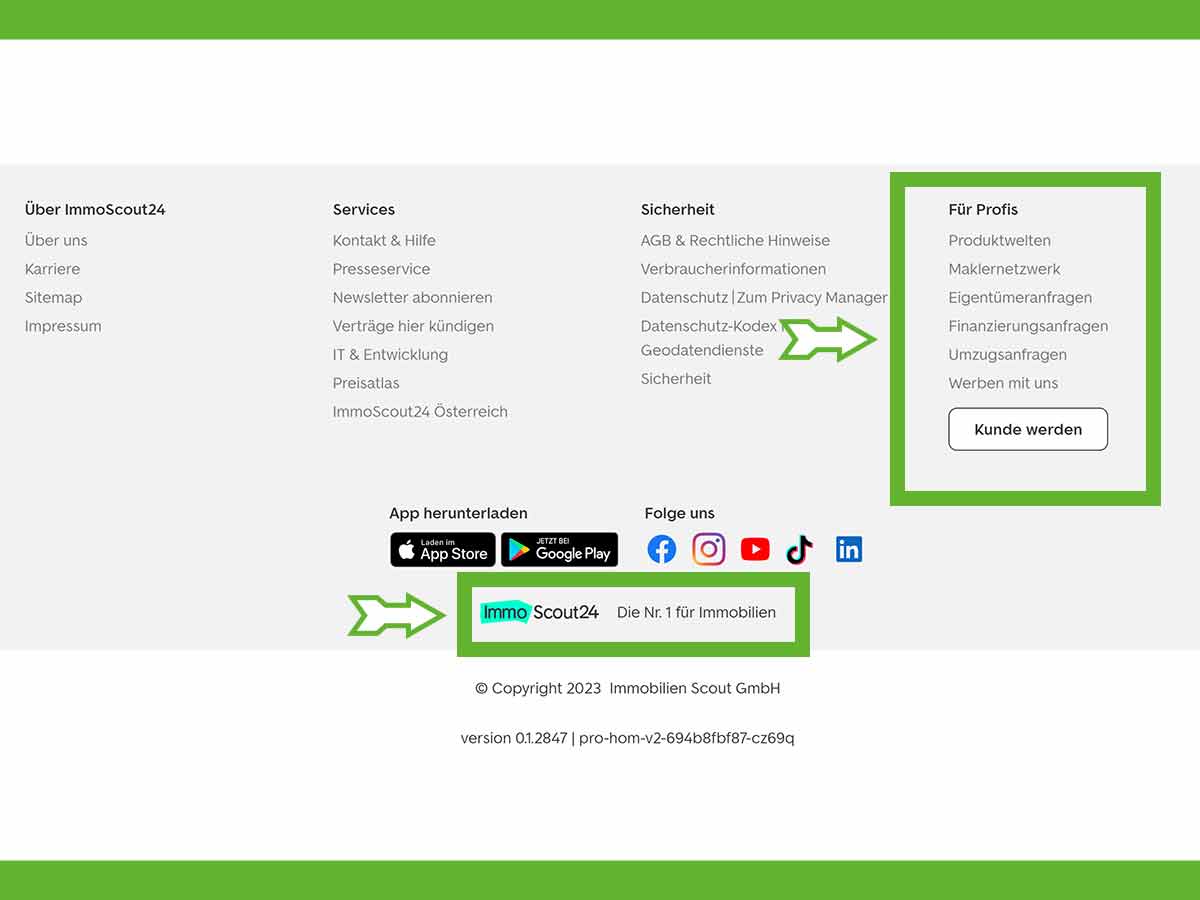 Der Seitenfuß von Immoscout ist aufgeräumt und bietet direkte Links zu Profiangeboten