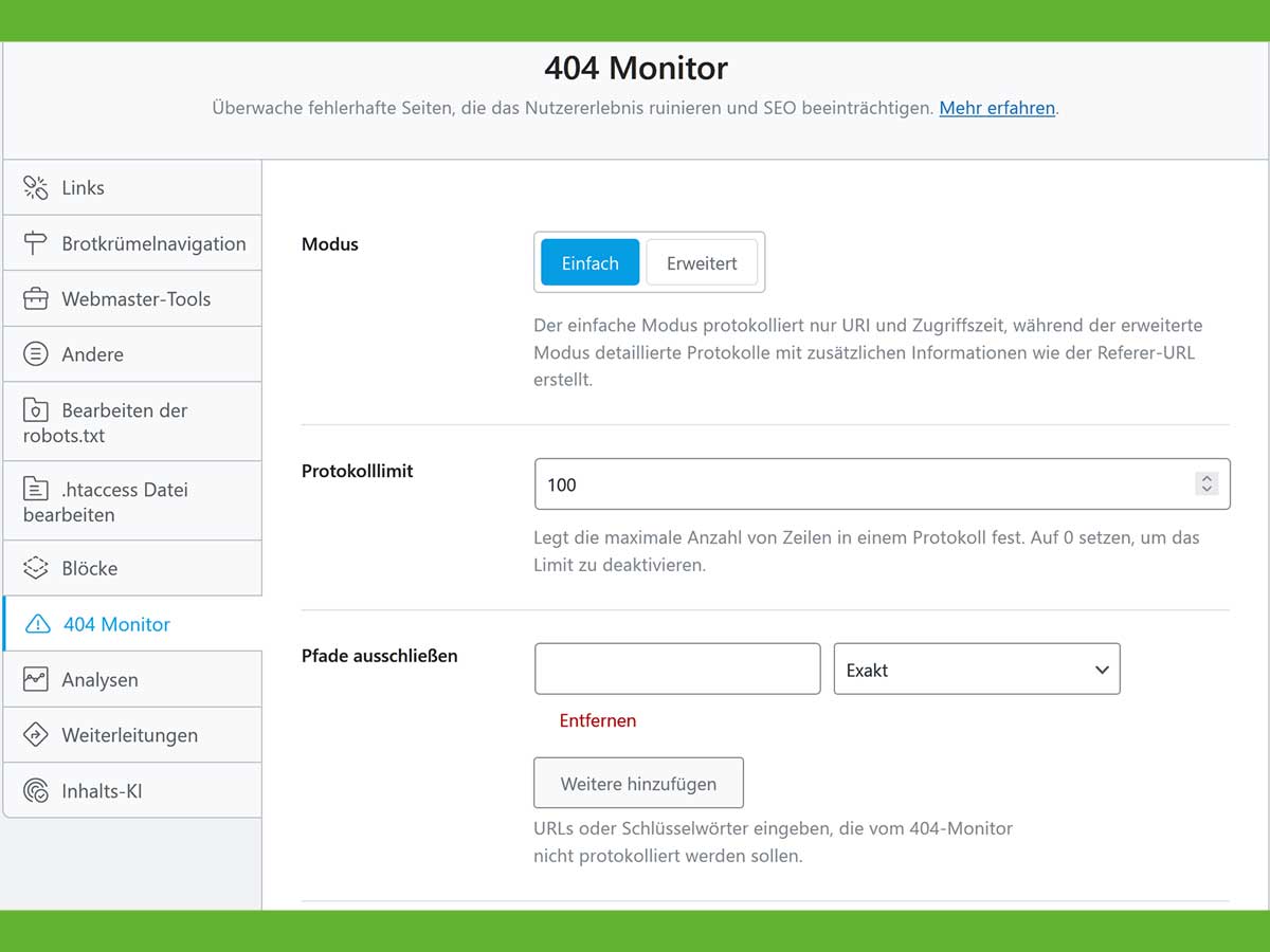 Statuscode 404 Monitor bei Rank Math