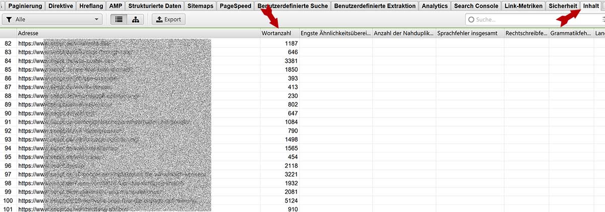 Screaming Frog Wortanzahl