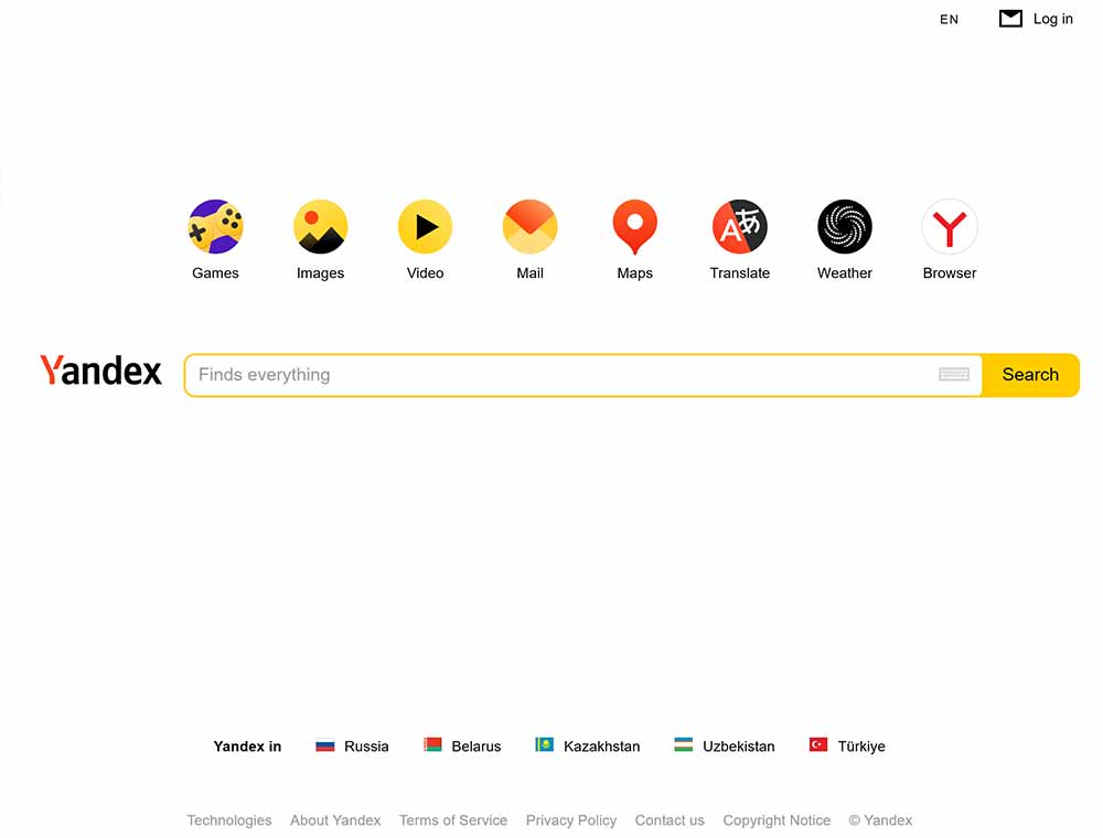 Screenshot der Startseite der Suchmaschine Yandex