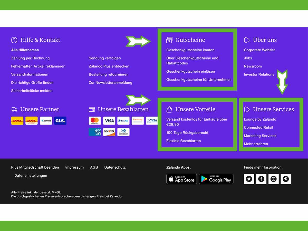 Der Seitenfuß von Zalando – aufgeräumt und farbig sichtbar abgesetzt